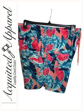 George Tropical Watermelon Print Swim Trunks - Coral & Teal Large